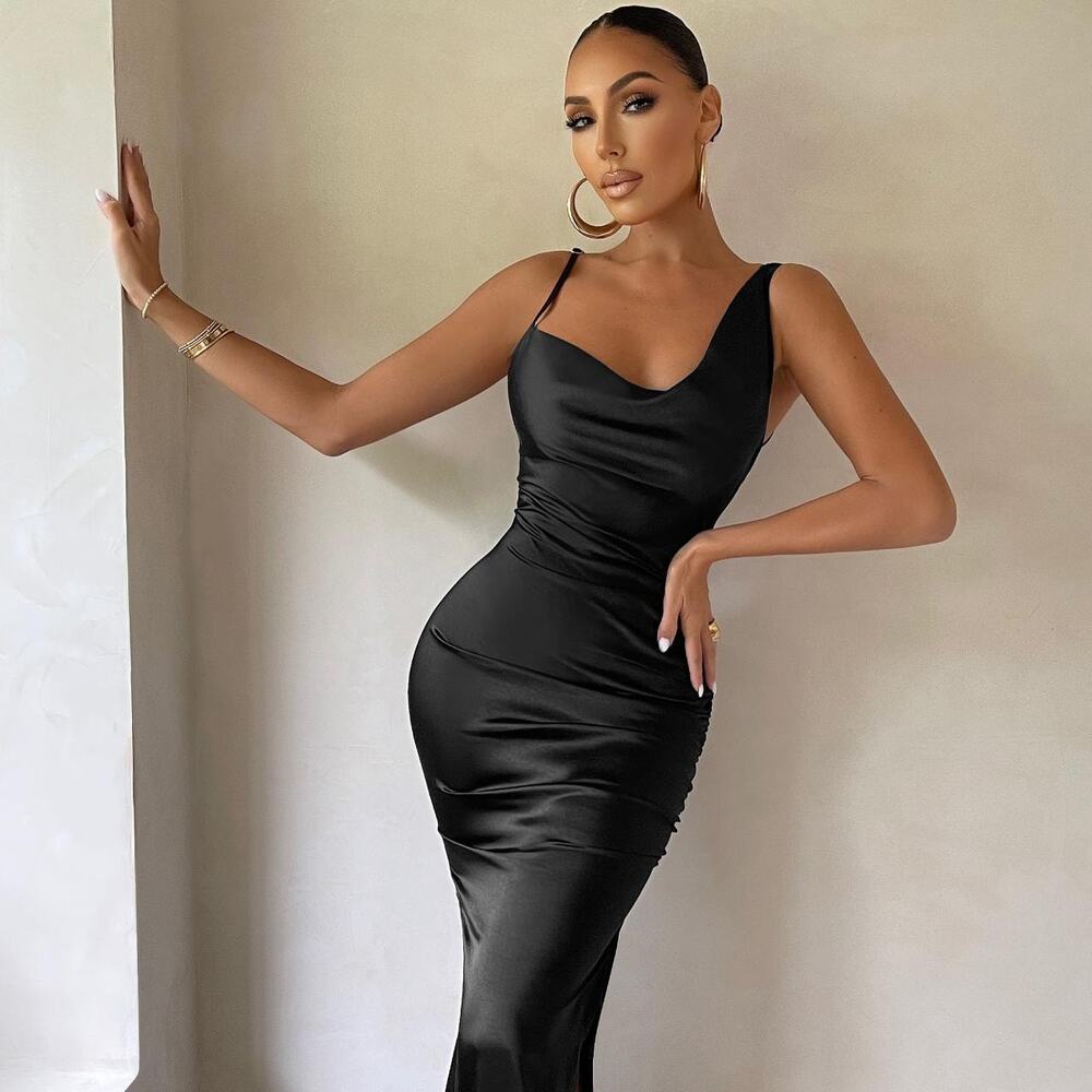 Club L London Black Satin Maxi Dress